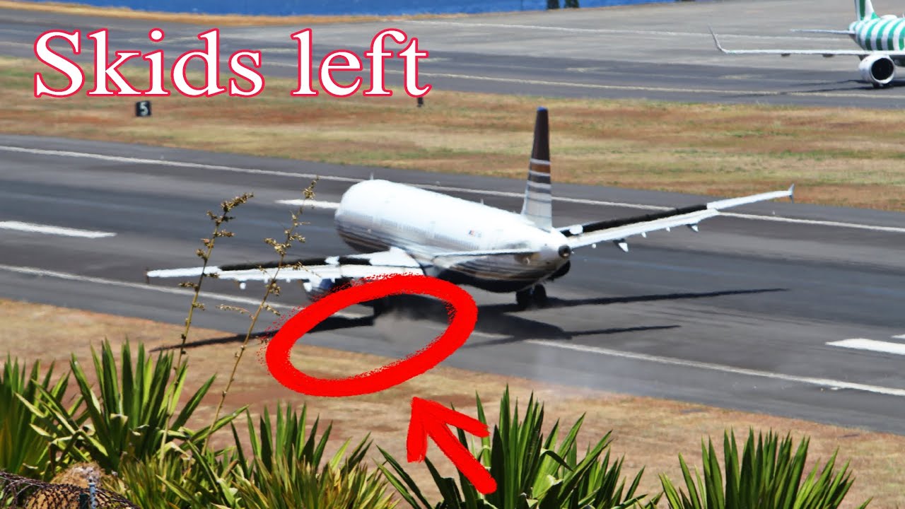 A 321 SKEWS LEFT DURING RISKY LANDING . LANDING LIGHTS DESTROYED !