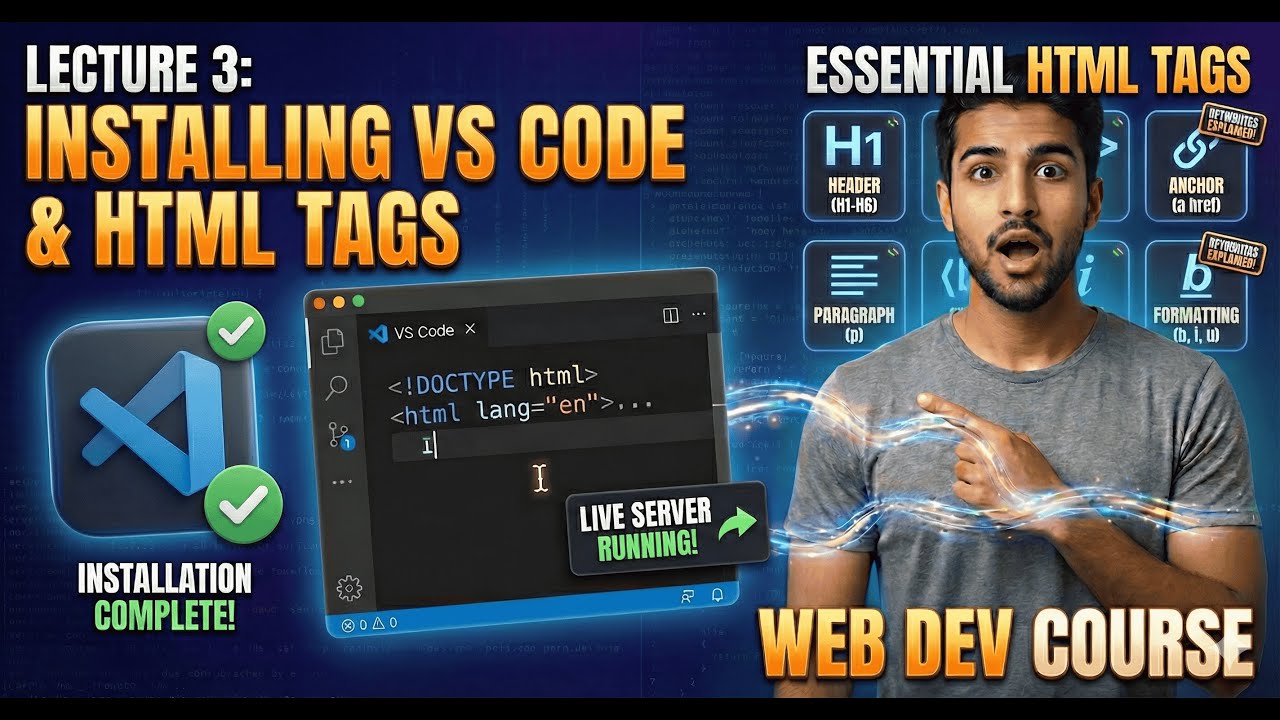 Install VS Code & Master HTML Tags With Practical💻| Full Boilerplate & Elements Attributes|Lecture 3