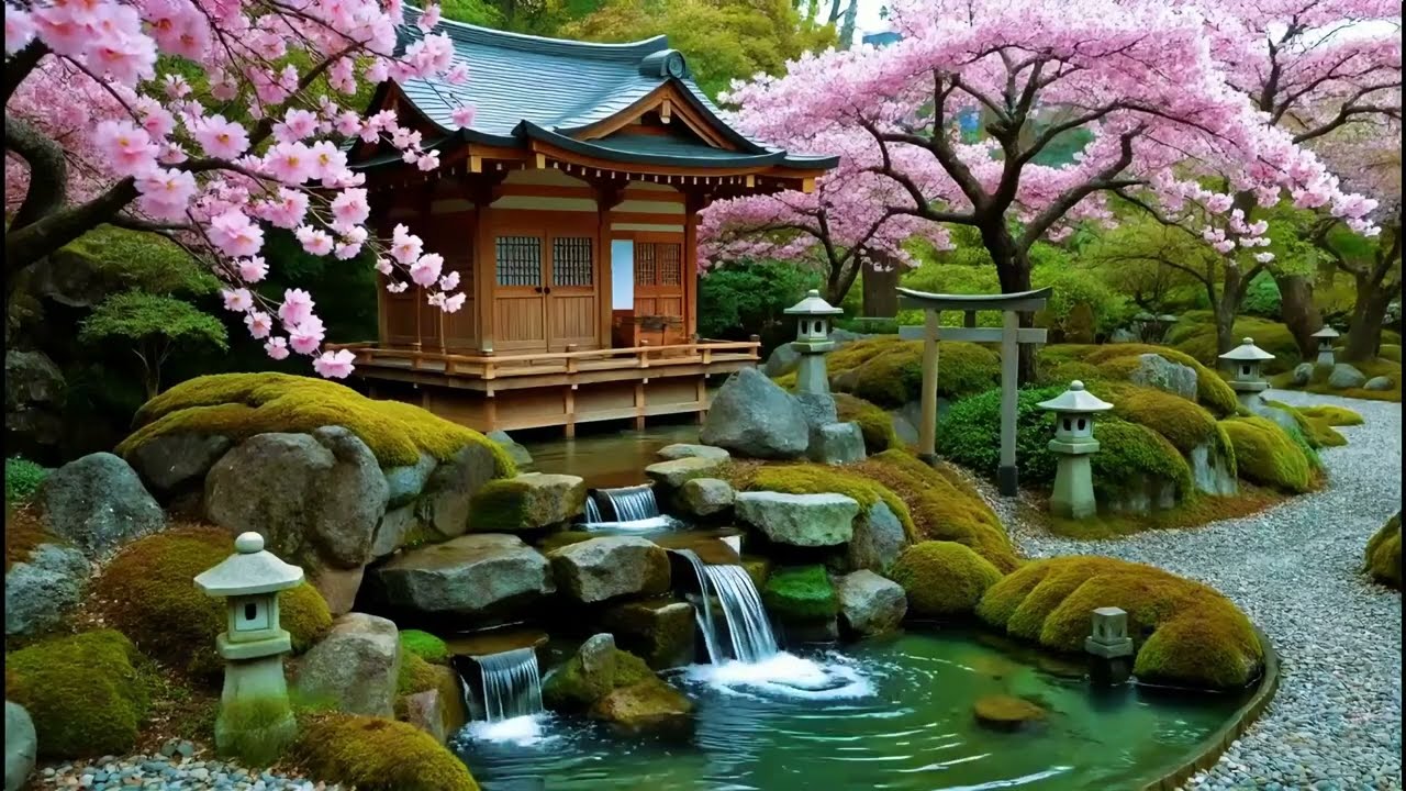 🌸 Magical Japanese Zen Garden Waterfall 🏯 Relaxing Sakura Ambience & Peaceful Water Sounds