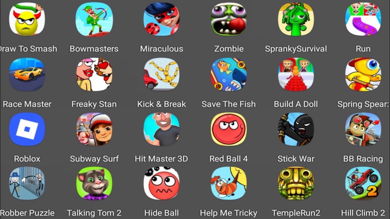 Roblox,Bowmasters,Subway Surf,Freaky Stan,Race Master,Hill Climb 2,Draw To Smash