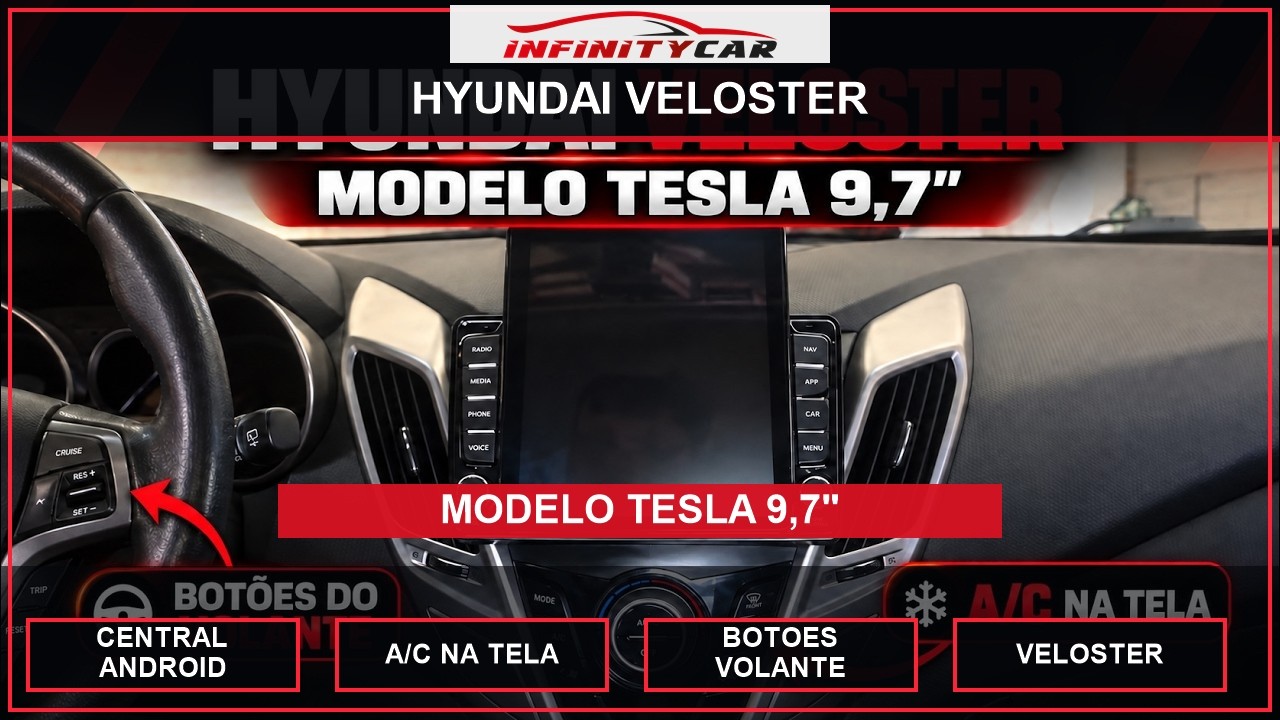 Central Multim&iacute;dia Android Veloster modelo tesla tela de 10,3 pol  mostra a c tem bot&otilde;es do volante