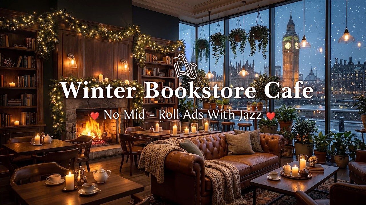 Winter Bookstore Cafe Ambience ☕ Soft Piano Jazz & Fireplace Sounds for Working, Reading