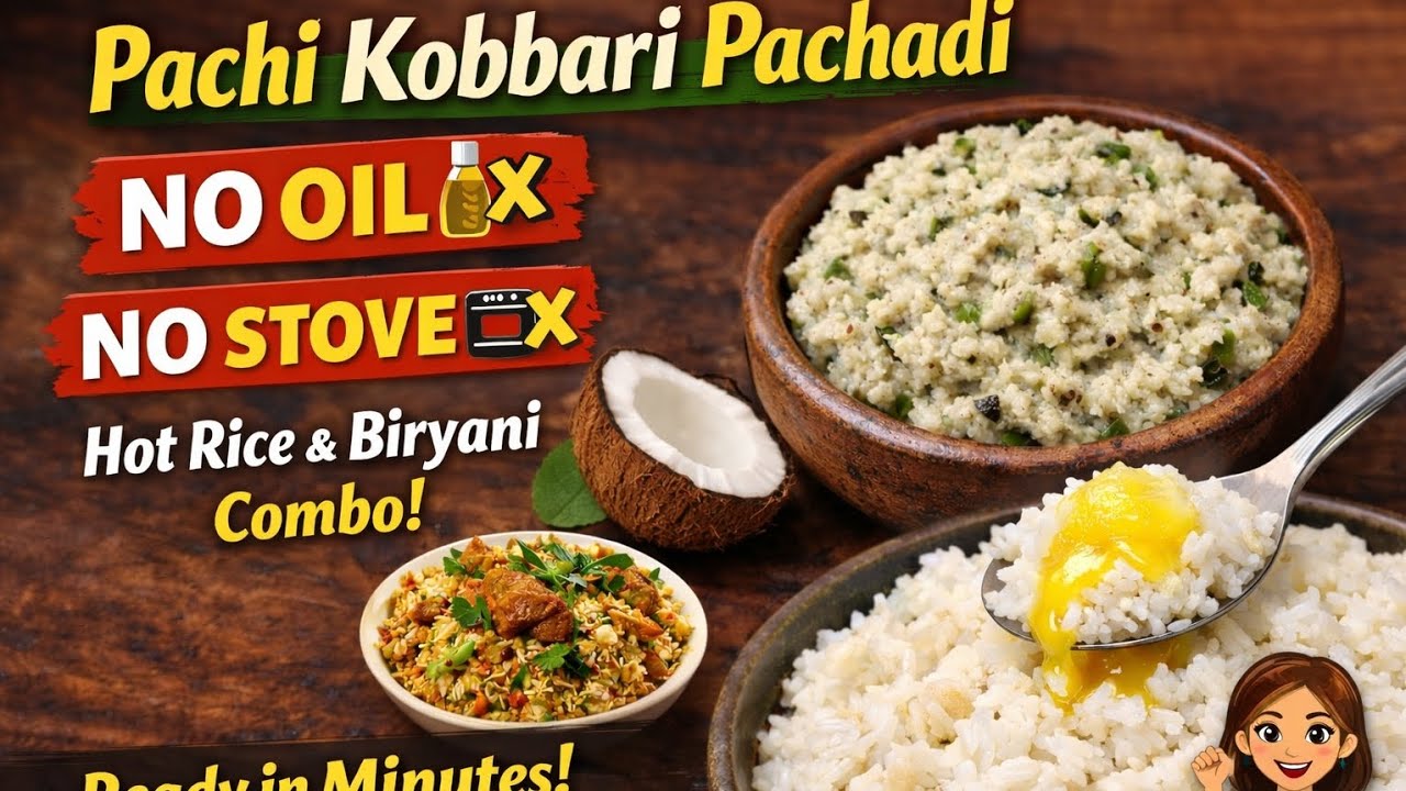 Pachi Kobbari Pachadi | No Oil No Stove Recipe 🥥 | Hot Rice / Biryani Combo 😋
