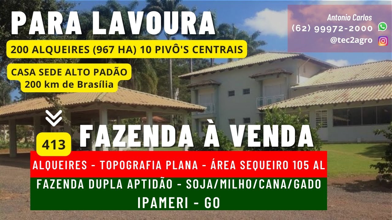 [🌱DUPLA APTIDÃO💦] Fazenda à venda em Goiás 413 Alq Ipameri  GO [SOJA MILHO CANA BOI🌽] #fazendaavenda