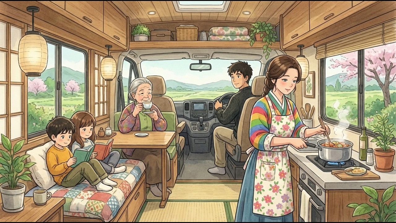 A Cozy Mobile Home Trip with a Happy Family | Ghibli Style | ASMR Relaxing Sound