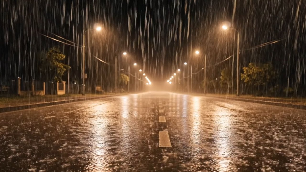 Heavy Night Rain in an Old European Street 2 Hours Cozy City Ambience for Sleep Study Relax