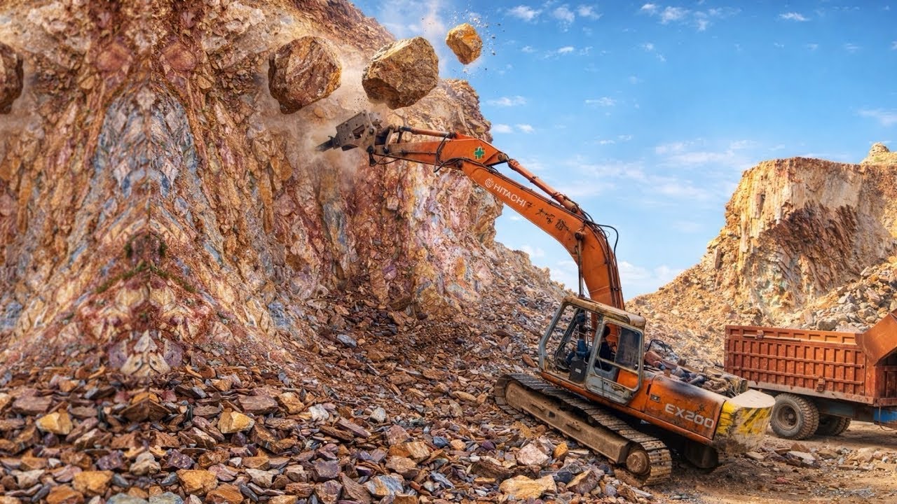 Excavator vs Massive Rocks 💥 | Extreme Heavy Equipment Crushing Power #excavator #mountains 