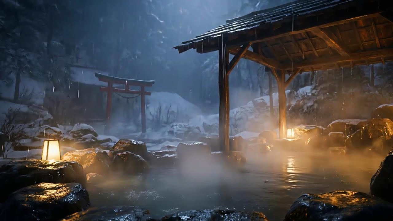 Rain Sounds for Sleeping (LIVE) – Snowy Onsen Lantern Rain | No Music