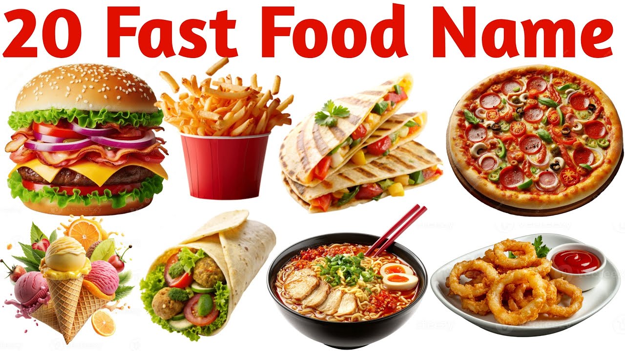 20 फास्ट फूड के नाम | Fast Food Names in English for Kids | Food Vocabulary Learning Video