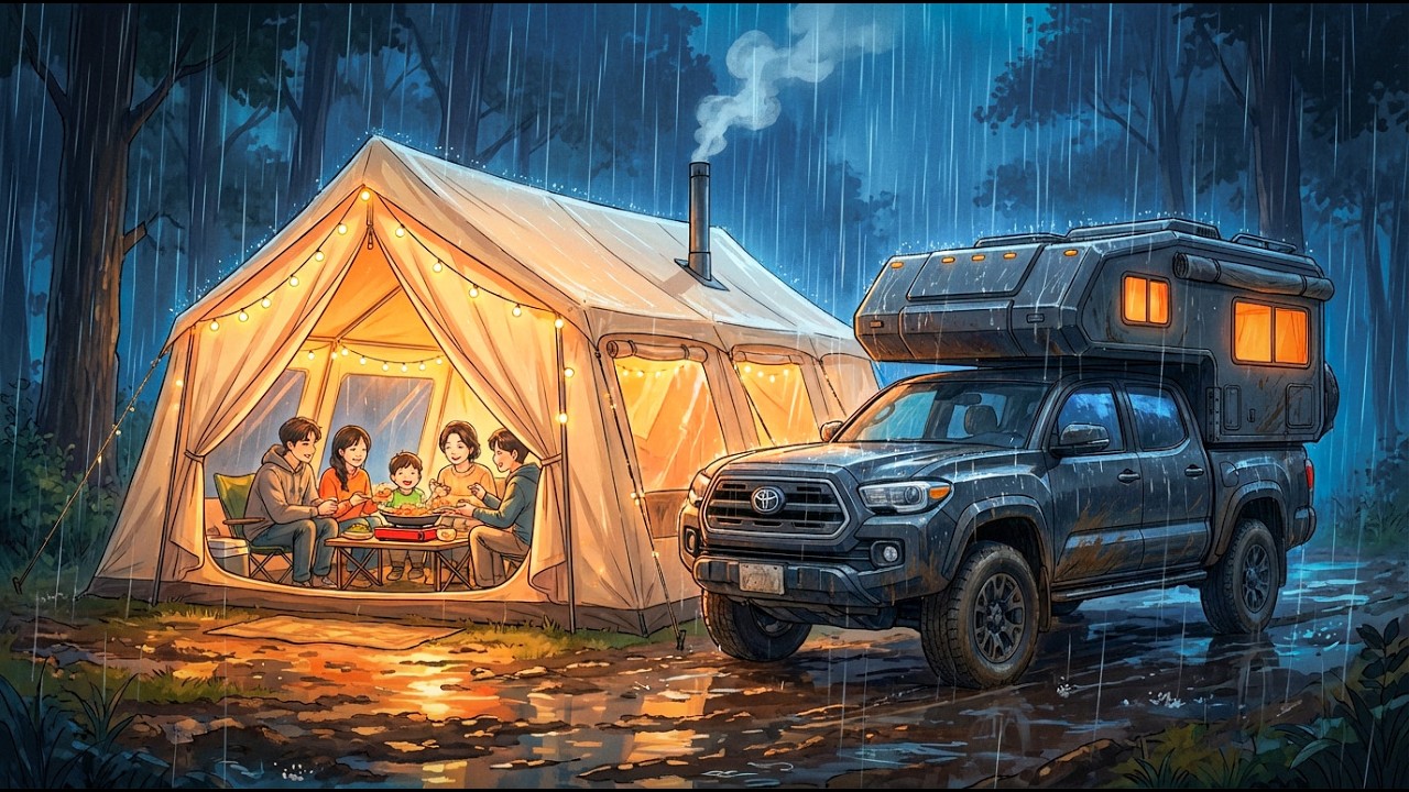 Heavy Rainy over Mobihome ⛈️ Building Cozy Tent Fortress &  Warm Cooking Feast | Ghibli Style ASMR