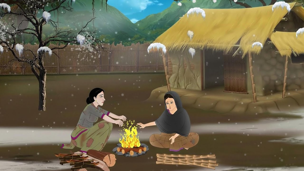 बर्फीली ठंड में दो बहनों की टूटी झोपड़ी | Hindi Story | Hindi kahani | moral stories | cartoon story