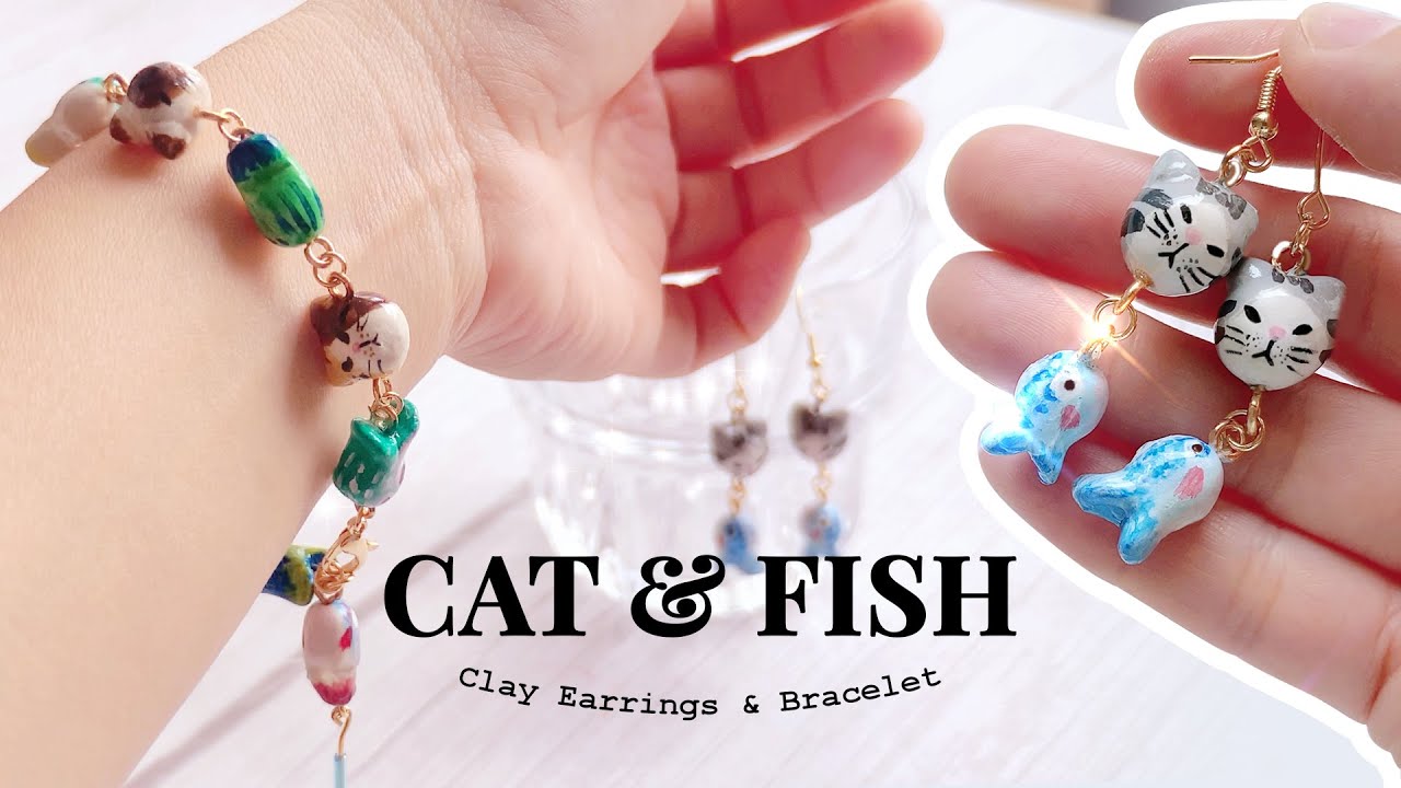 🐟😾Playful Clay Jewelry: DIY Cat and Fish Earrings and Bracelet | Air Dry Clay Crafts