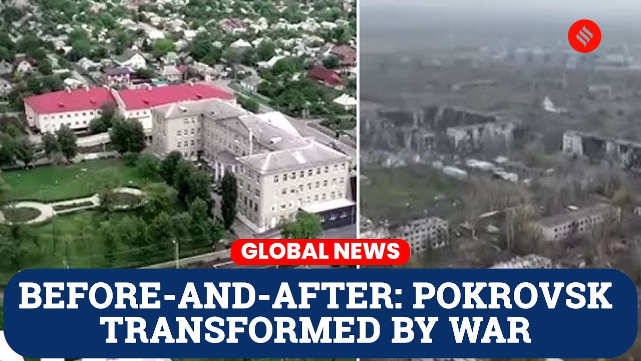 Devastated cityscape of Pokrovsk showing destroyed buildings and empty streets