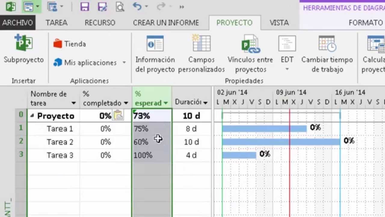 % porcentaje completado esperado según el programa en Microsoft Project