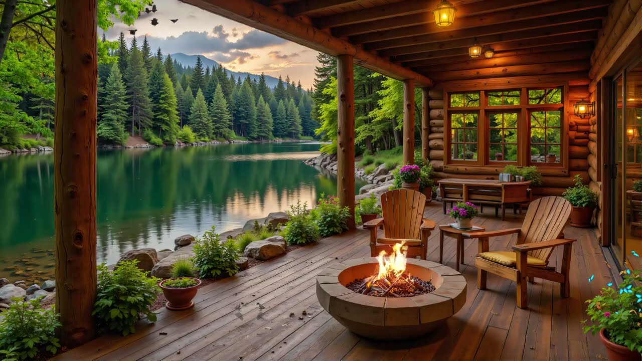 Peaceful Lakeside Cabin  🔥 Relaxing Nature Soundscape , Piano Spring Music for Relaxation