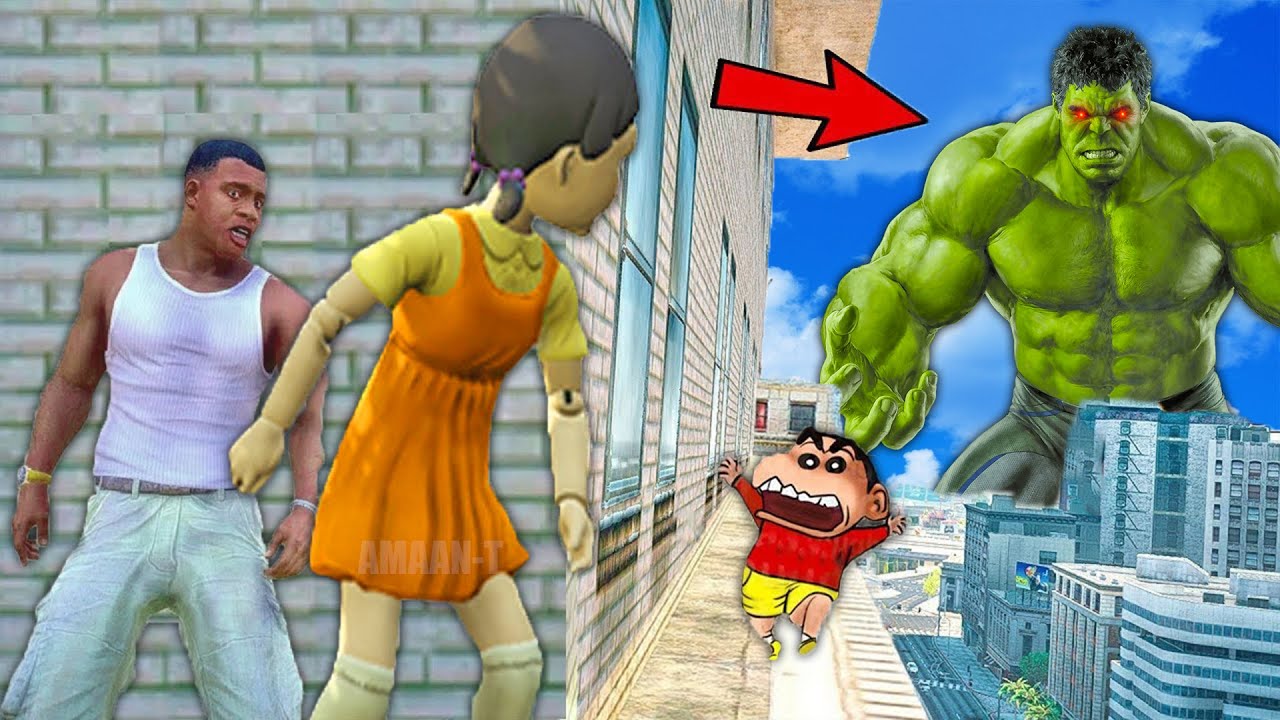 Franklin and Shinchan & Pinchan play HIDE AND KILL with Squid Game Doll In GTA 5