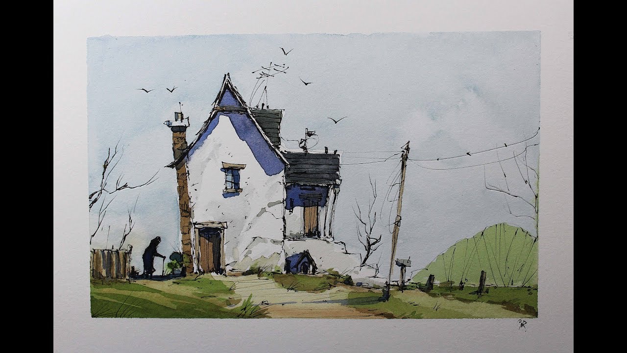 Old home Line and Wash watercolor Full Tutorial Easy style With Nil Rocha Crooked Lines