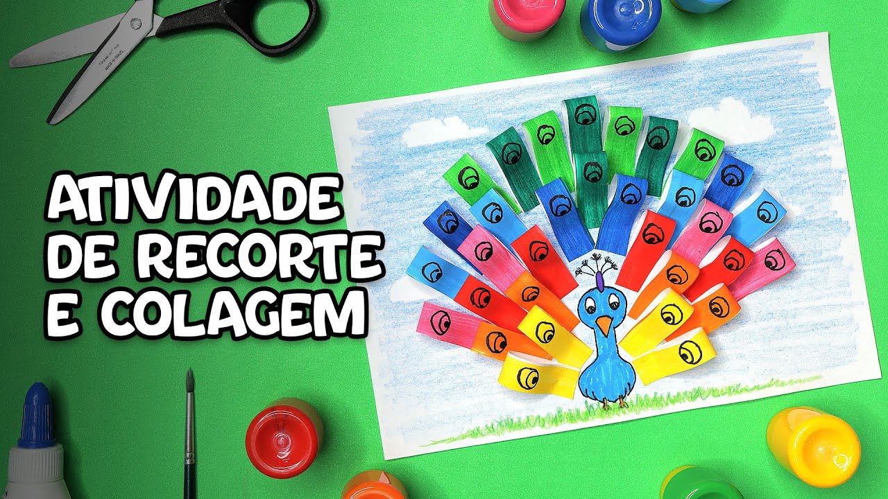 ATIVIDADE DE RECORTE E COLAGEM | Atividade de arte com recorte e colagem de pavão em alto relevo