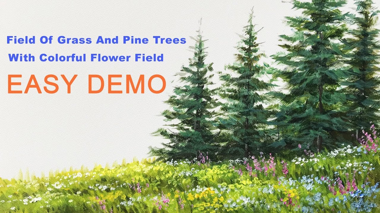 DEMO : Paint Pine Trees with Colorful Flower Field in Acrylic