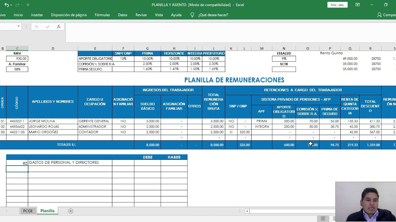 ¿Como se registra un asiento contable de planilla de remuneraciones en el 2020?