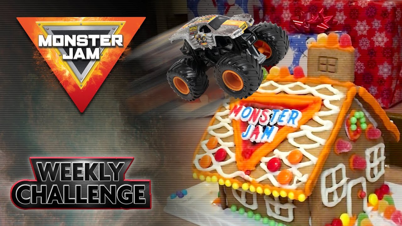 Smash MAX D into a gingerbread house! - Monster Jam Toy Stunt Challenge #11