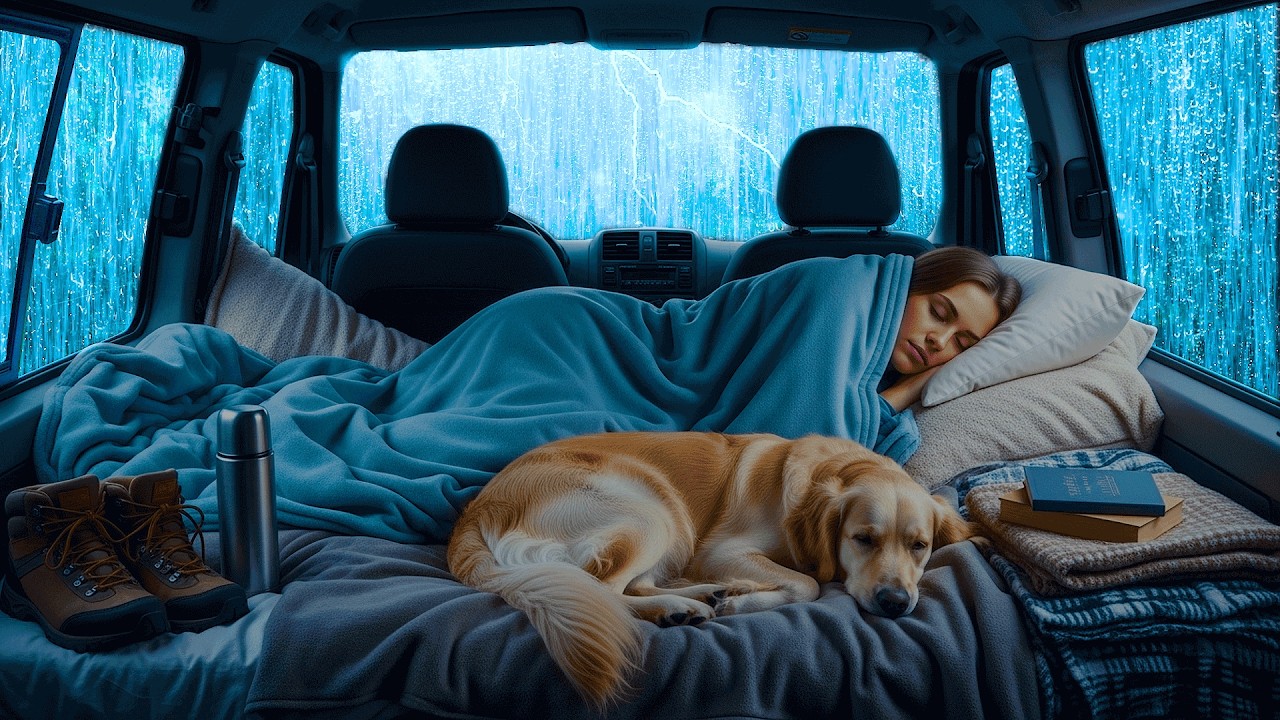 Rain Sounds for Sleeping ⚡ Gentle Rain & Soft Thunder on Cozy Car for Deep Sleep and Stress Relief
