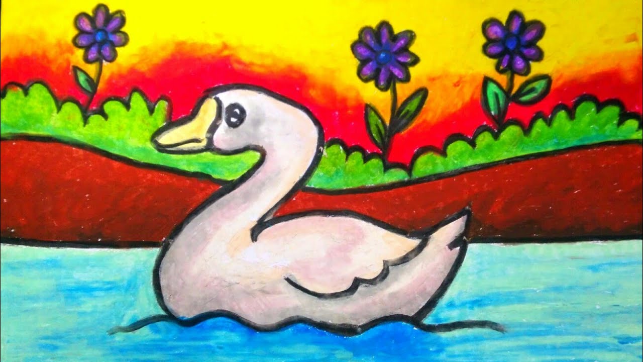Menggambar Flora Dan Fauna Yang Mudah | Gambar Angsa dan Bunga yang Bagus
