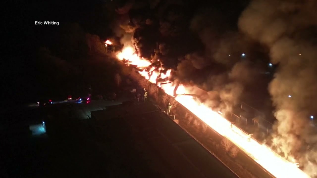 Drone video shows train accident, fire in East Palestine, Ohio