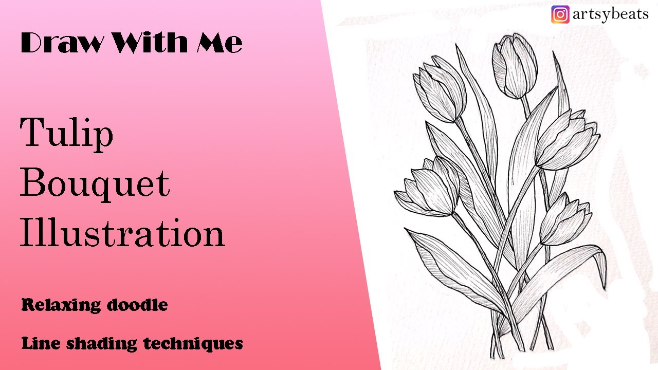 Tulip flower Bouquet drawing | relaxing video, beginner, doodle| line illustration