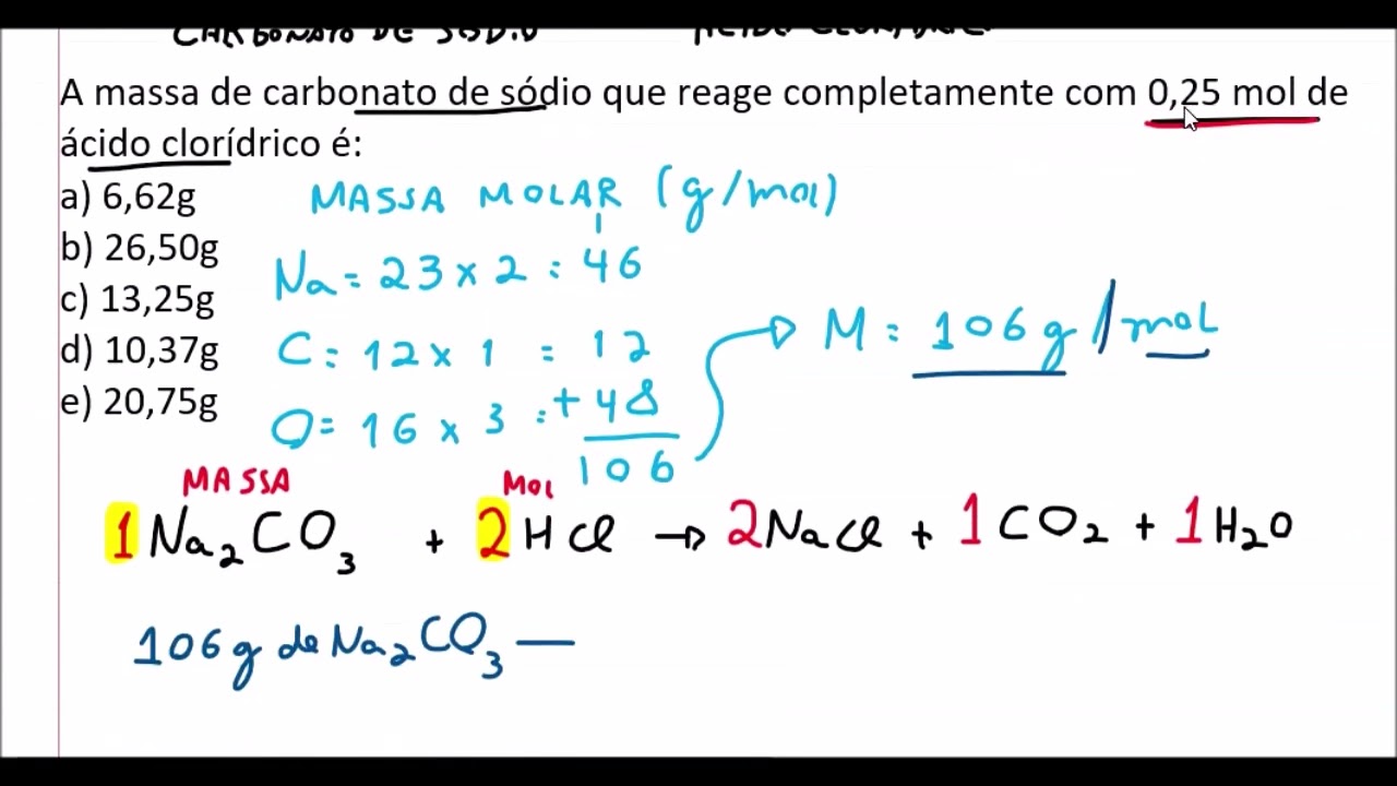 A massa de carbonato de sódio que reage completamente com 0,25 mol de ácido clorídrico é: