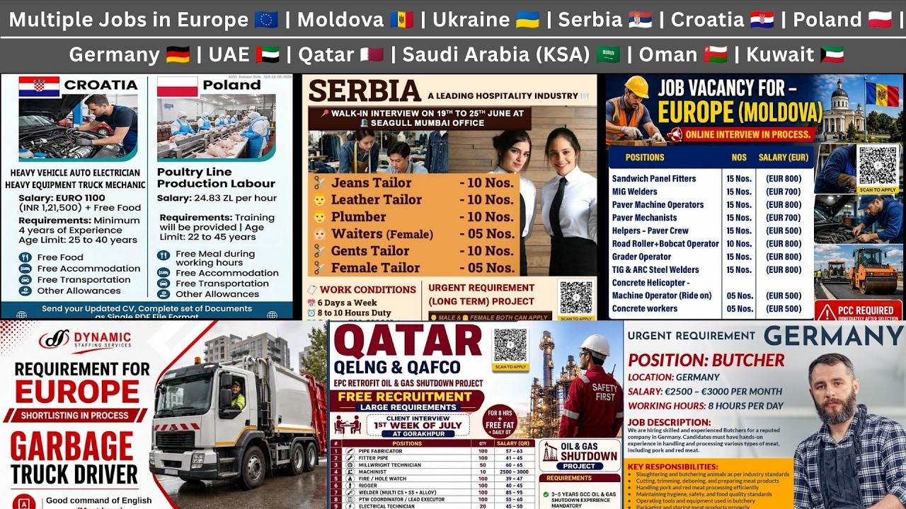 Multiple Jobs in Europe, Moldova 🇲🇩, Ukraine 🇺🇦, Serbia, Croatia, Poland, Germany, UAE, Qatar, Saudi