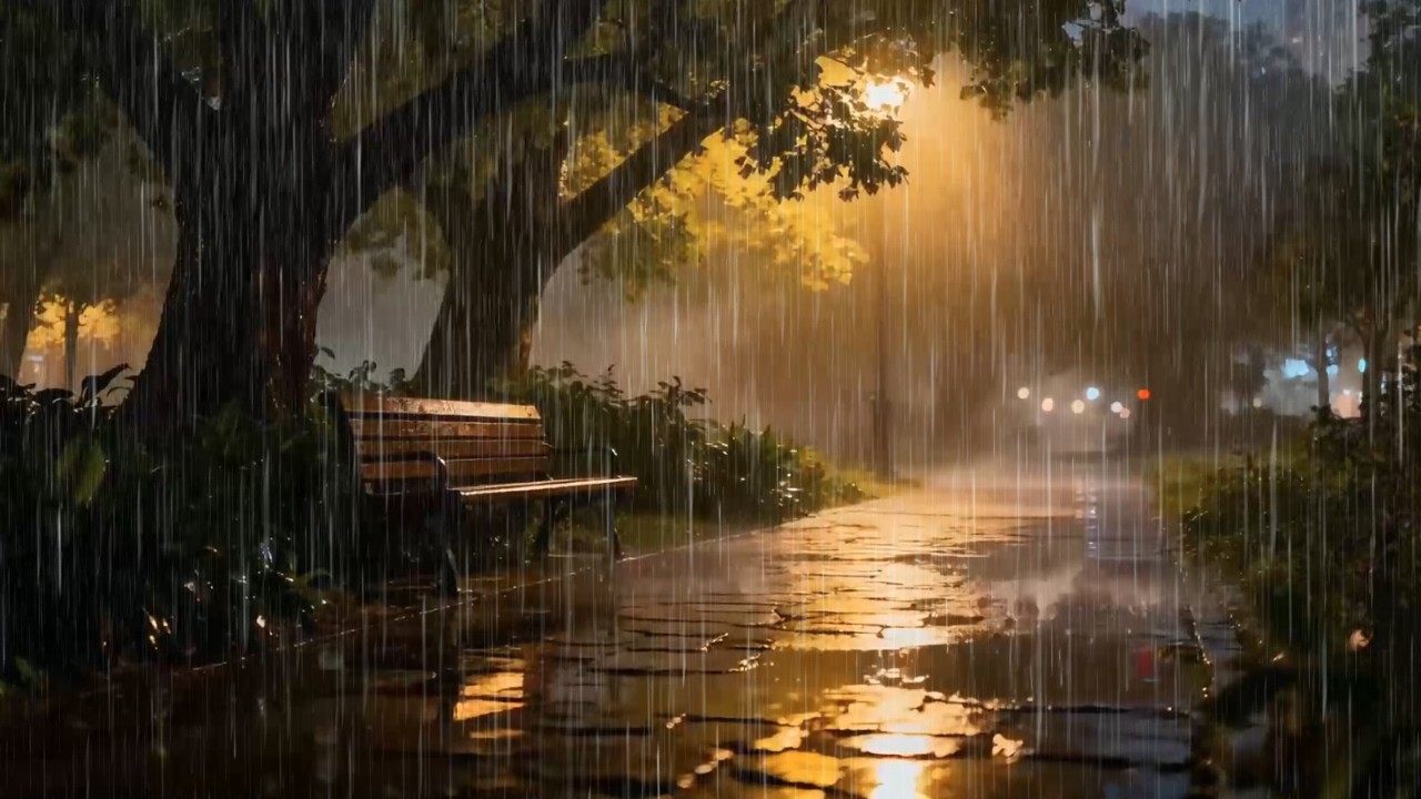 Heavy Rain at Night on Lonely City Park Walkway for Deep Sleep | No Thunder Rain Sounds