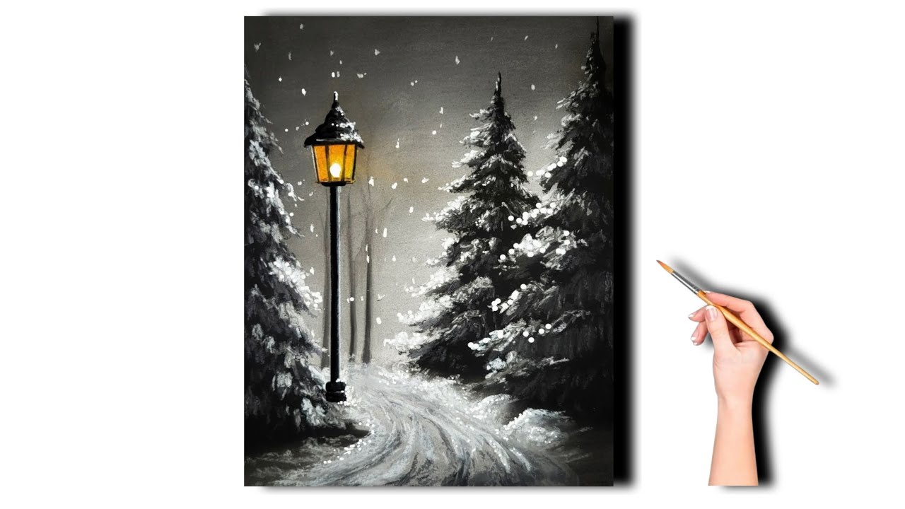 Magical Winter Night Painting 🎨❄️ | Snowfall Landscape Acrylic Art