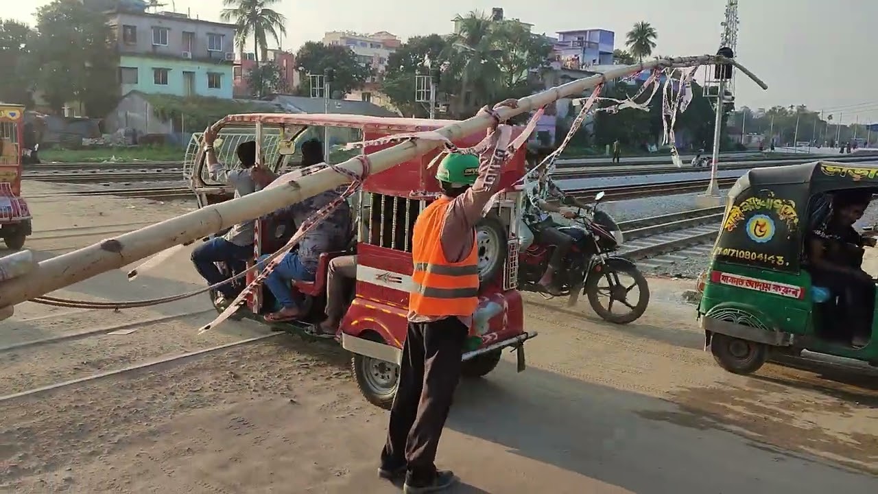 Work of a Railway gate man or flagman | Bamboo Railway gate | Two Trains going | Train & Highway Fan