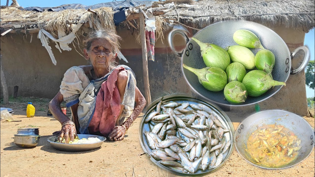 90 year old widow poor grandma cooking SMALL FISH with BRINJAL with rice eating|rural poor life