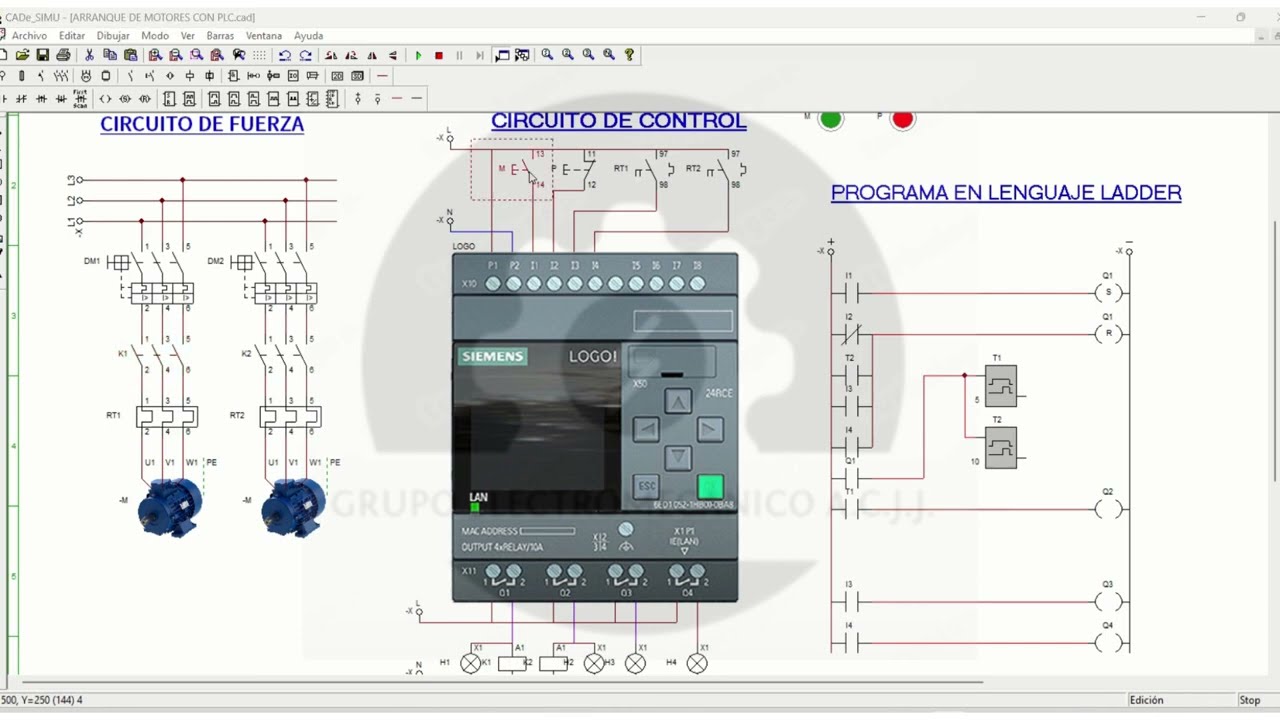 ARRANQUE DE DOS MOTOR CON PLC LOGO SIEMENS EN CADE SIMU CON TEMPORIZADOR