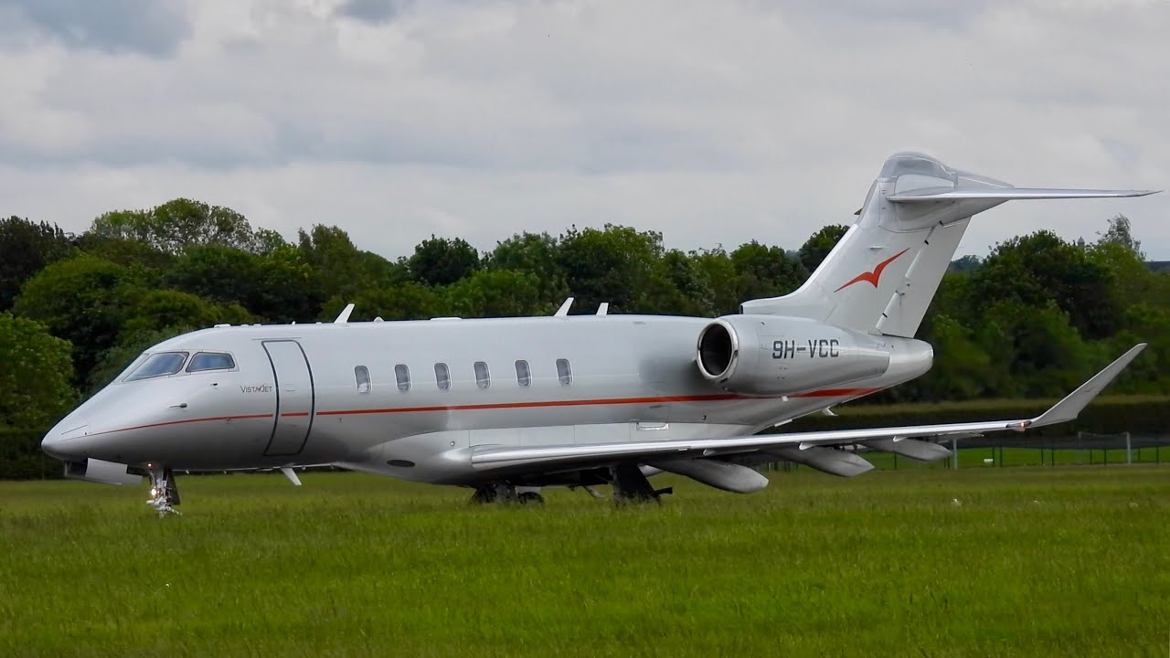 VistaJet Bombardier Challenger 350 9H-VCC departing from Cambridge