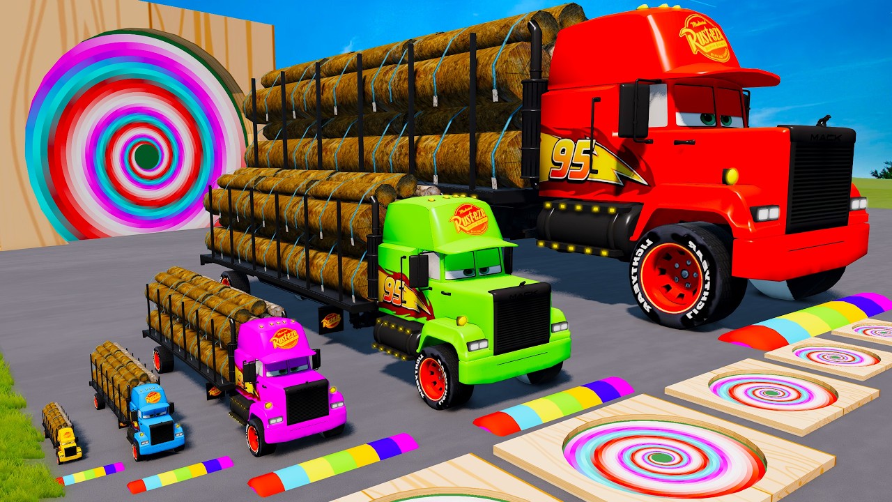 Long Cars vs Slide Color - Big & Small Long Mack Truck with Logs VS Train Thomas - BeamNG.drive
