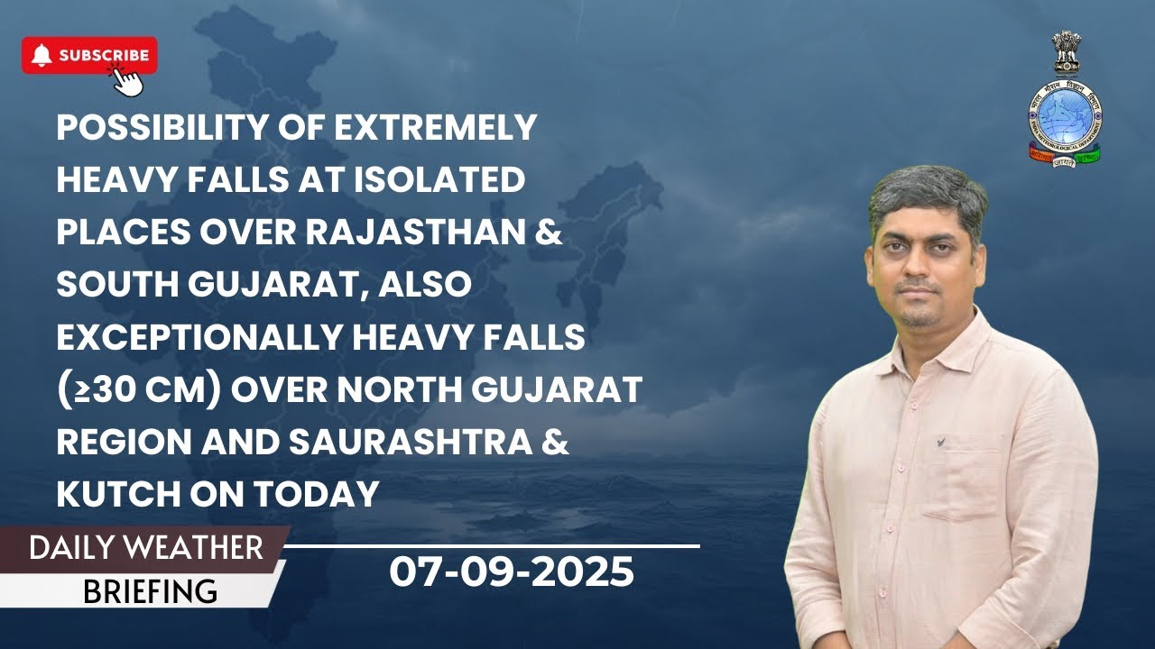 Isolated exceptionally heavy falls likely over north Gujarat region and Saurashtra & Kutch on today
