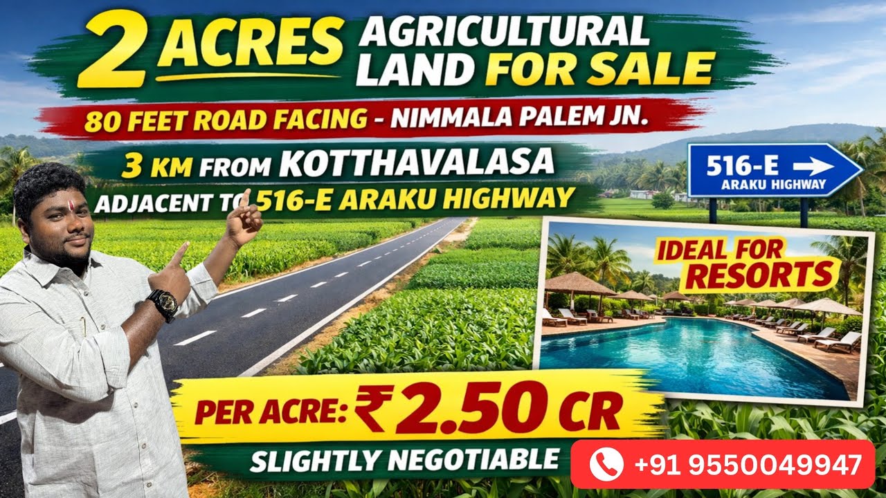 2 ACRES AGRICULTURAL LAND FOR SALE 80 FEET ROAD FACING,NIMMALA PALEM JUNCTION,3 KM FROM KOTTHAVALASA