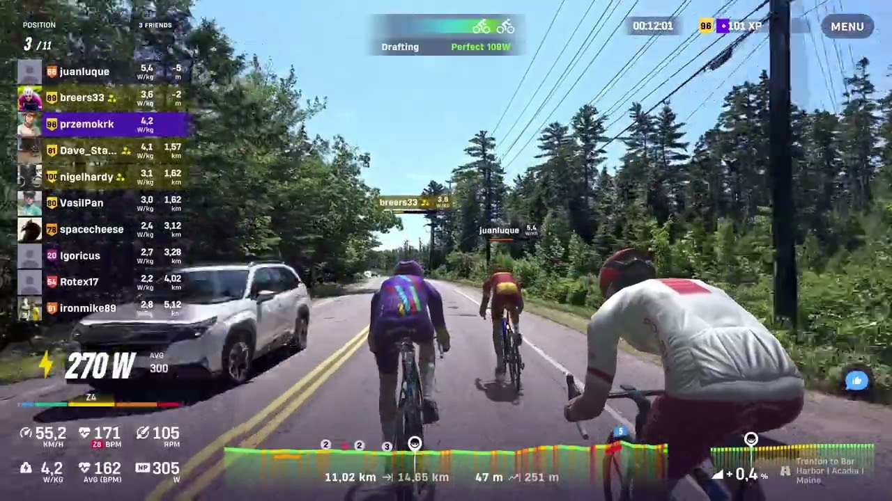 Rouvy.Race 49A.The dynamics of the race are down. In the draft, I need to generate more watts.