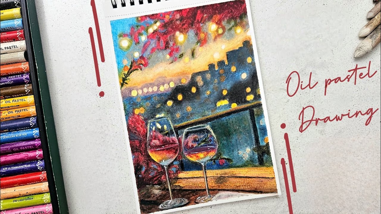 Realistic oil pastel drawing of wine glasses (Step by step tutorial)