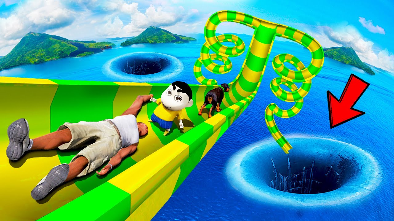 SHINCHAN AND FRANKLIN WENT TO THE WATER SLIDE MELA & TRIED MEGA SPIRAL WATER SLIDE CHALLENGE GTA 5