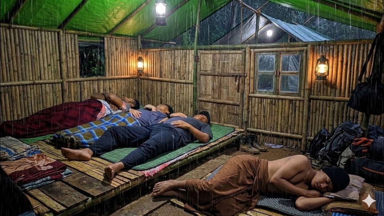 Camping hujan deras bermalam dicabin bambu pinggir sungai rame rame & tidur nyenyak sampai pagi