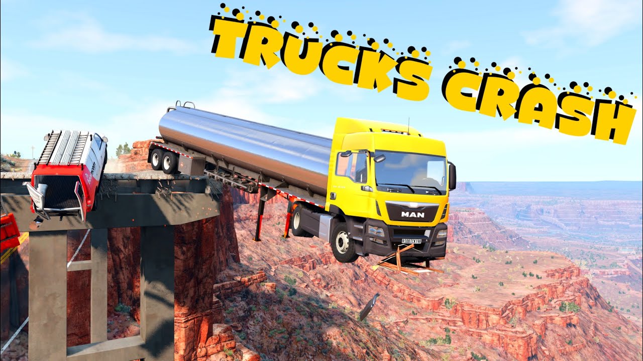 TRUCKS CRASH ON A BROKEN BRIDGE - BEAMNG DRIVE