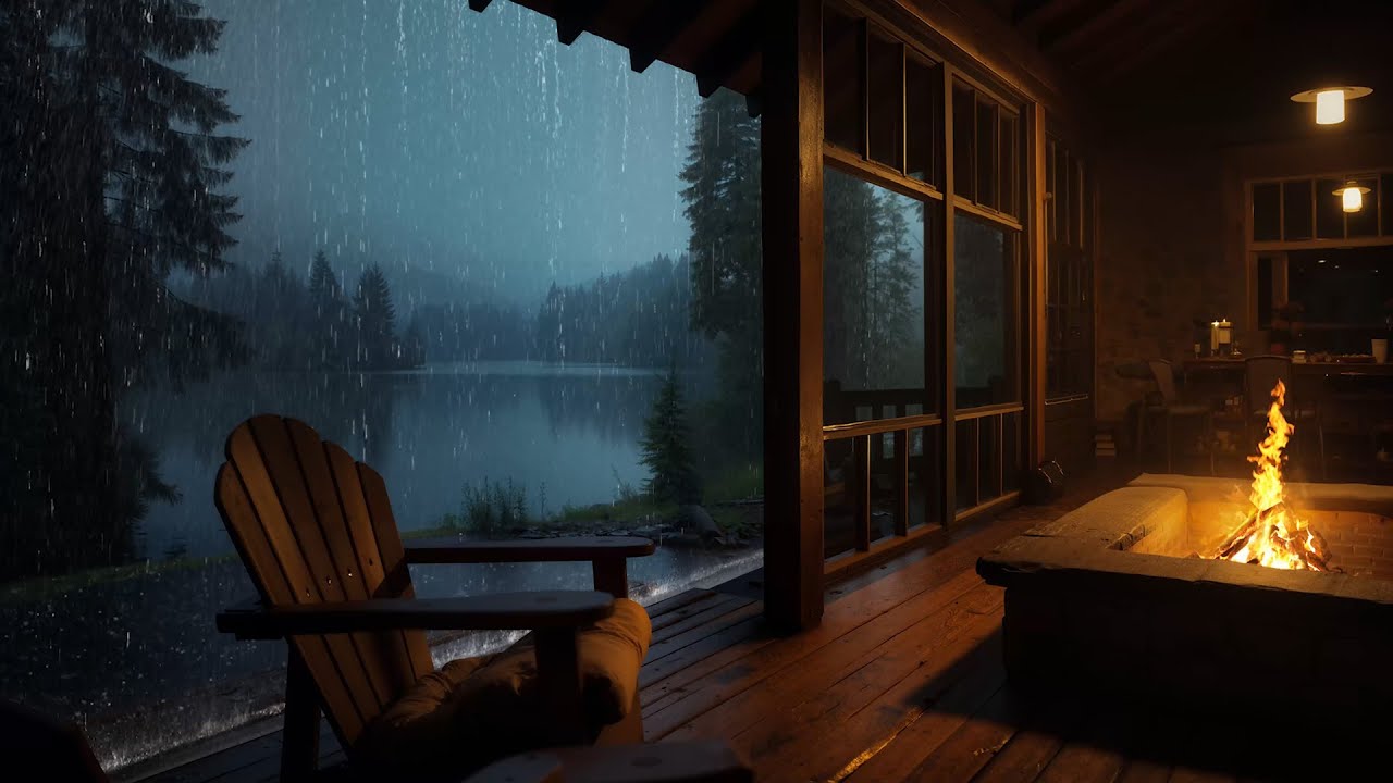 Peaceful Rainy Night in a Warm Cabin by the Lake | Rain Sounds to Calm Mind & Fall Asleep