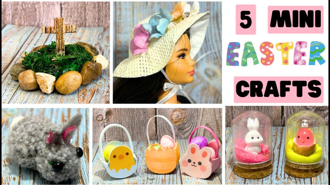 🐣DIY 5 MINI EASTER CRAFTS for BARBIE DOLLS Quick & Easy MINIATURE Bunny, Baskets, Bonnet & Cross