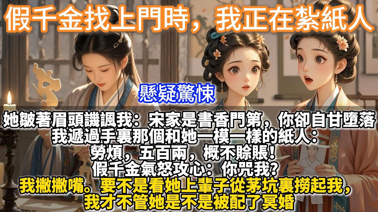 完結懸疑驚悚文：假千金找上門時，我正在紮紙人。 她皺著眉頭譏諷我：宋家是書香門第，你卻自甘墮落，做出這等事情來。我遞過手裏那個和她一模一樣的紙人：勞煩，五百兩，概不賒賬！ 假千金氣怒攻心：你咒我？