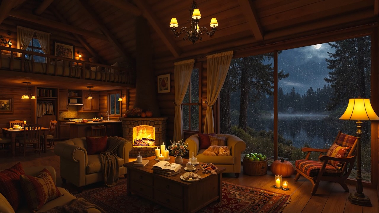 Stress Relief in Cozy Retreat Cabin with Smooth Jazz | Rain & Fireplace Sounds for Relaxing Night
