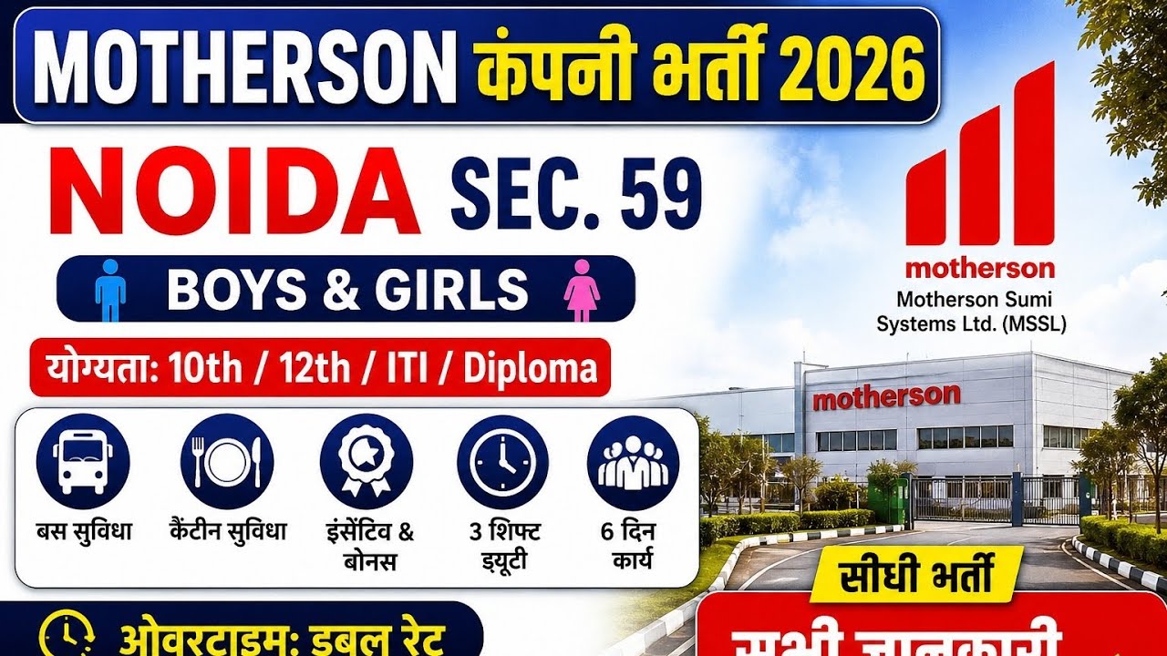 Motherson Company भर्ती 2026 | Noida Sec 59 Job Vacancy | 10th 12th ITI Diploma JobsDescription: